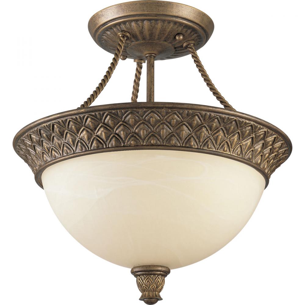 Two Light Burnished Chestnut Antique Alabaster Glass Bowl Semi-Flush Mount