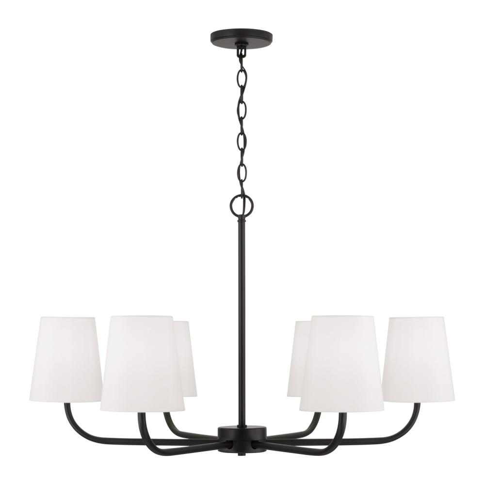 Brody 6-Light Chandelier in Matte Black with White Fabric Stay-Straight Shades