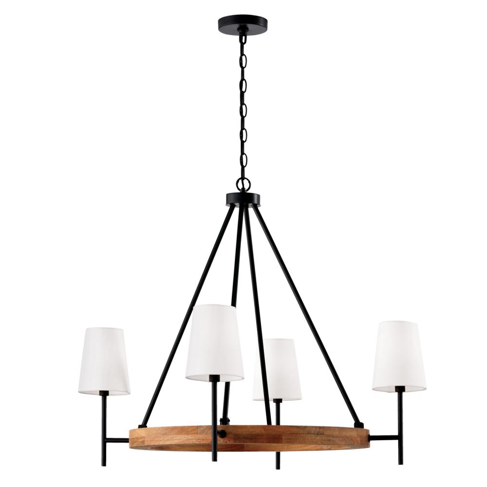 Jonah 4-Light Chandelier in Matte Black and Mango Wood with Removable White Fabric Shades