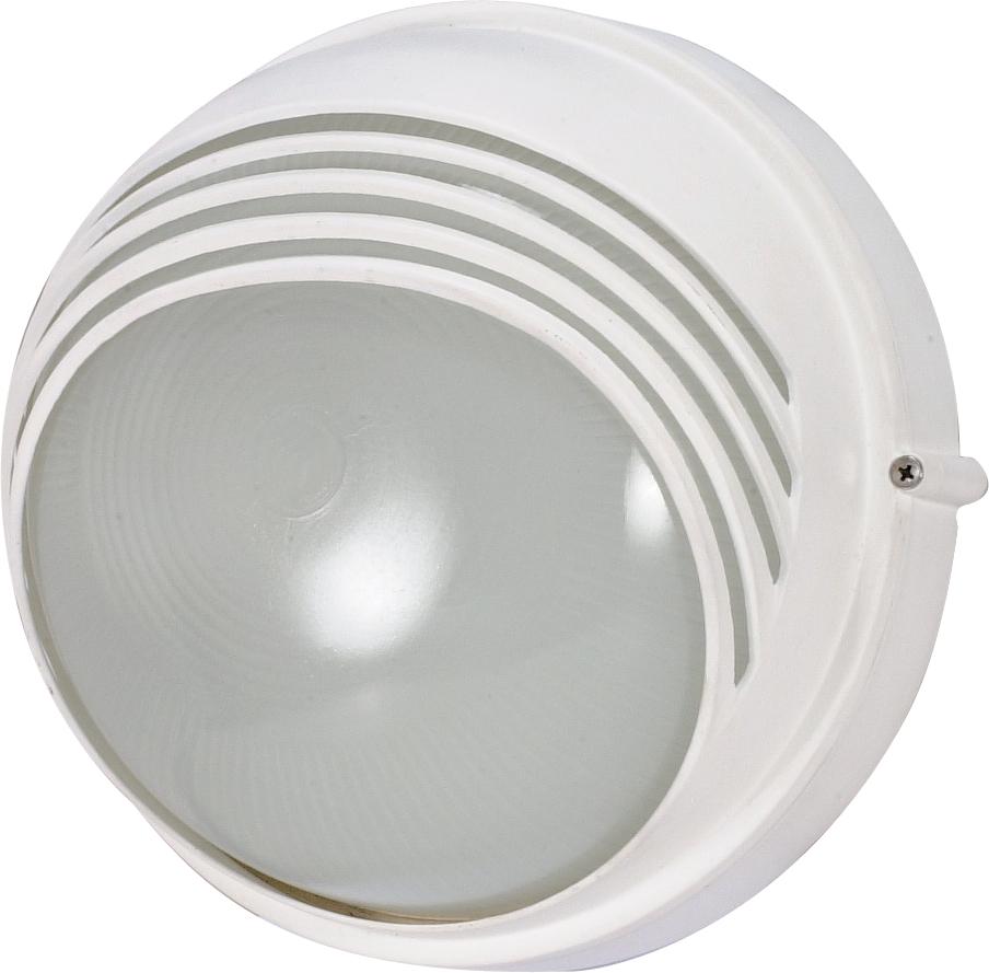 1-Light Round Hooded Die-Cast Bulkhead Light in Semi Gloss White with Glass Lens and (1) 13W GU24