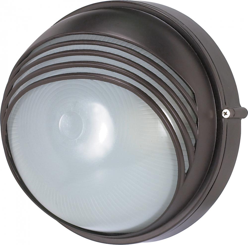 1-Light Round Hooded Die-Cast Bulkhead Light in Architectural Bronze with Glass Lens and (1) 13W