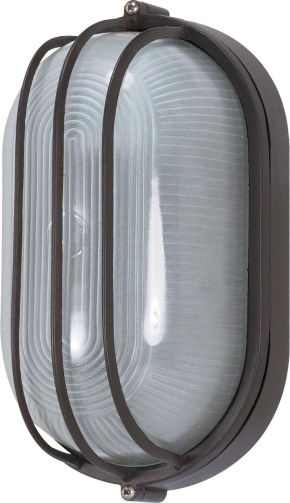 1-Light Oval Caged Die-Cast Bulkhead Light in Architectural Bronze with Glass Lens and (1) 13W GU24