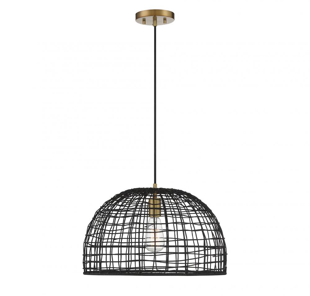 Rattan Pendant in Black with Natural Brass Accents