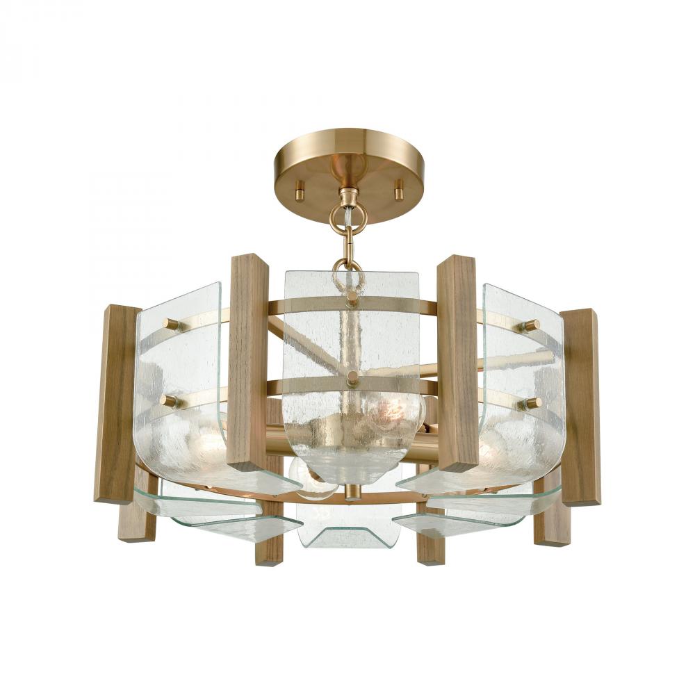 Vindalia 4-Light Semi Flush in Satin Brass with Wood Slats and Curved Glass